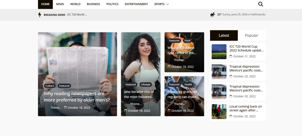 screenshot of the home page of TheNewsHive demo of ColorMag.