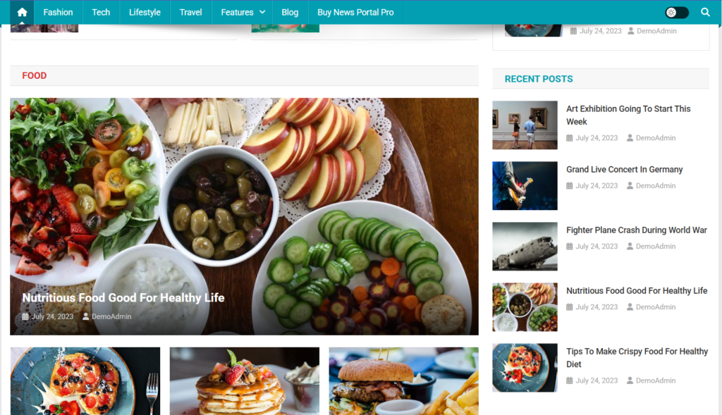 Screenshot of the free News Portal demo homepage: category sections, featured and trending areas, sidebar posts, and a classic news layout.