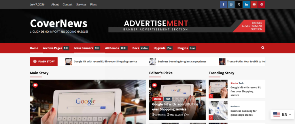 Screenshot of the free CoverNews demo: a flexible, image-forward magazine layout with grid sections and a sidebar.