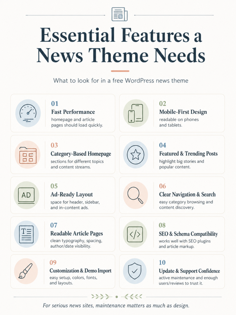 Infographic showing 10 essential features of a best free WordPress news theme, including fast performance, mobile-first design, category sections, featured posts, ad layouts, navigation, readable articles, SEO compatibility, customization, and update confidence.
