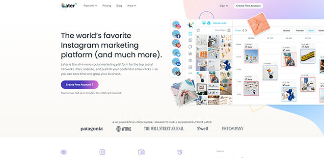 Later Instagram marketing platform homepage