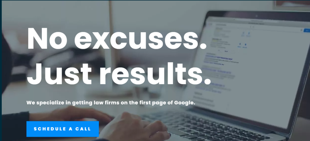 Law firm SEO agency hero with the slogan No excuses. Just results. as a unique selling proposition example