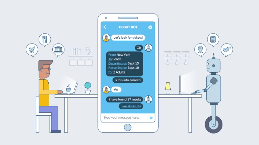 Illustration of a person chatting with a chatbot on a smartphone to book a flight