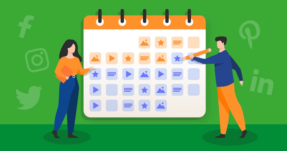 Illustration of two people planning a social media content calendar