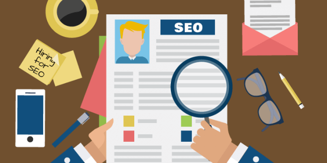 Illustration of a resume with SEO heading under a magnifying glass, representing hiring an SEO expert