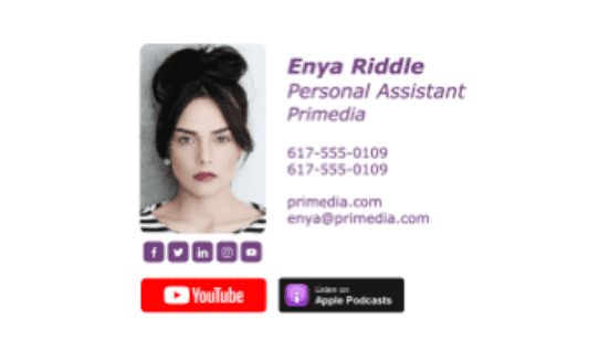 Professional email signature example with headshot, contact details, social icons and podcast links