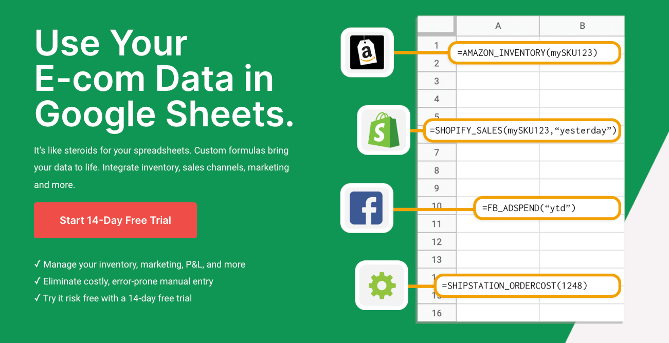 Banner promoting e-commerce data in Google Sheets with Amazon, Shopify and Facebook formulas