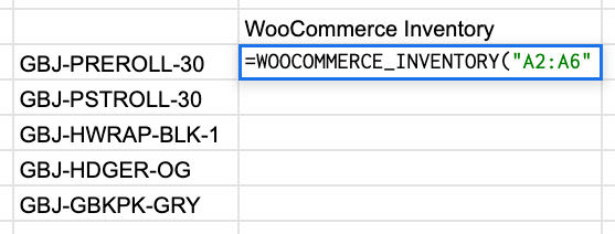 Google Sheets formula pulling WooCommerce inventory data into a spreadsheet by SKU