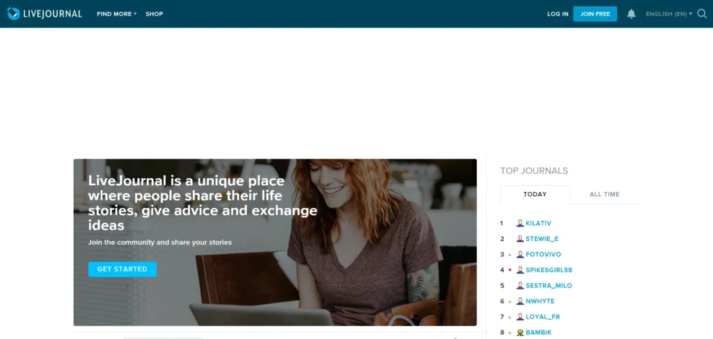 Screenshot of LiveJournal website homepage.