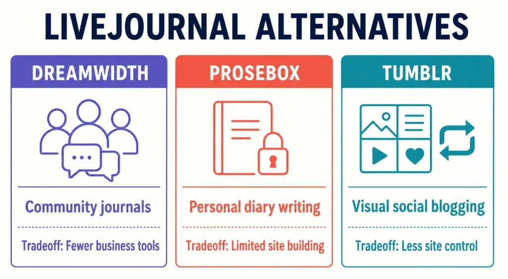Dreamwidth, Prosebox, and Tumblr compared as LiveJournal alternatives