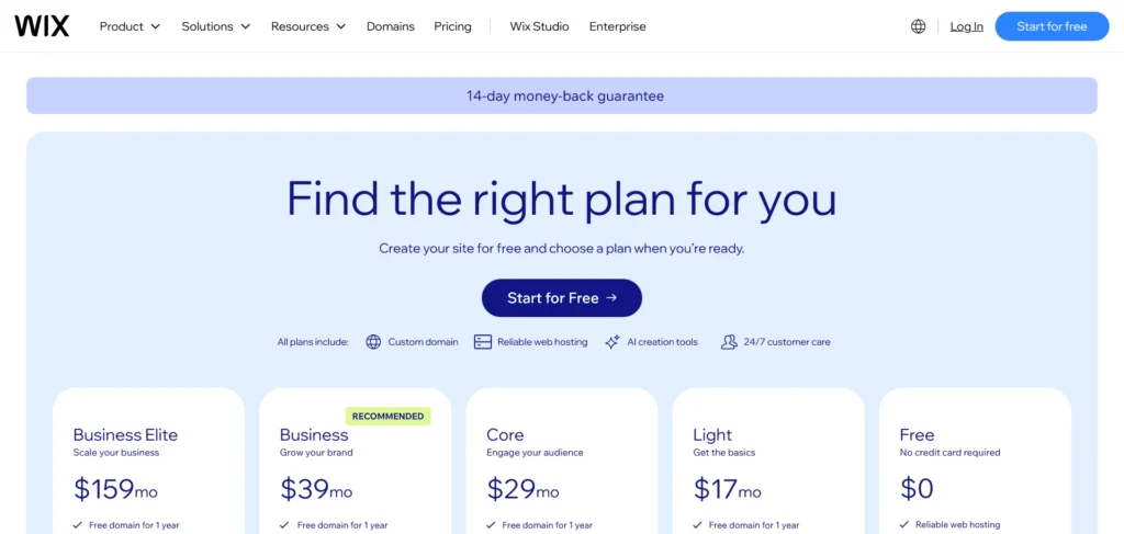 Screenshot of WIX website homepage.