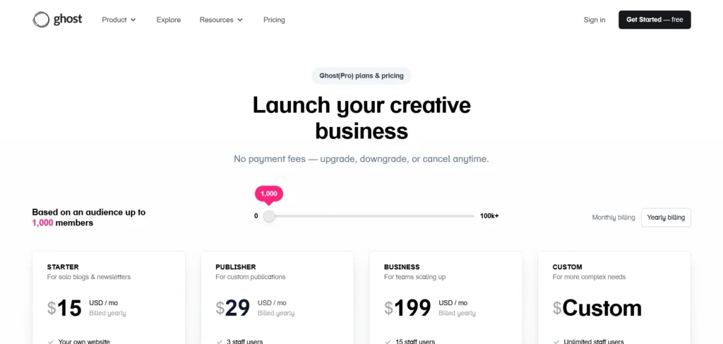 Screenshot of Ghost website homepage.