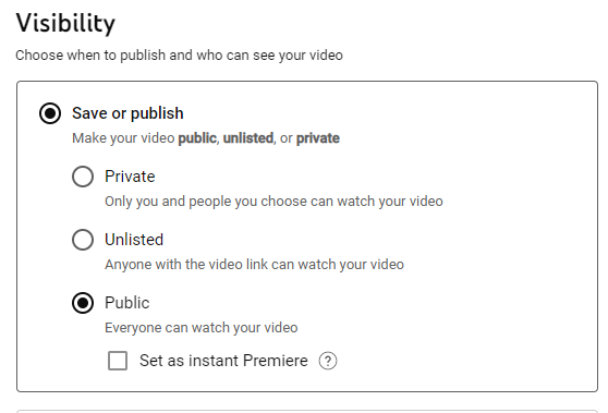 YouTube-Sichtbarkeitsoptionen: privat, nicht gelistet oder öffentlich