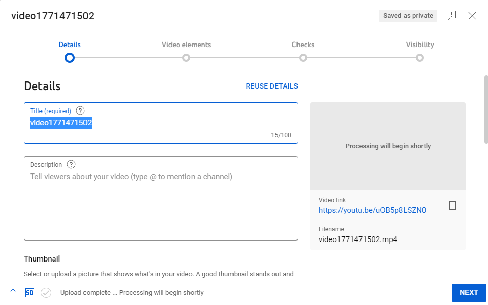 YouTube-Upload-Details nach Auswahl einer Videodatei