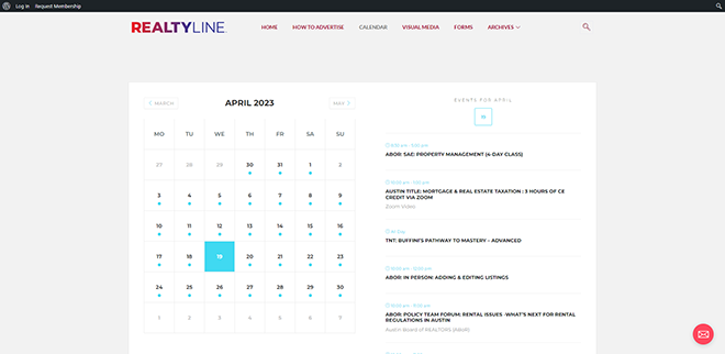 Calendrier mensuel des événements de Realty Line créé avec MEC