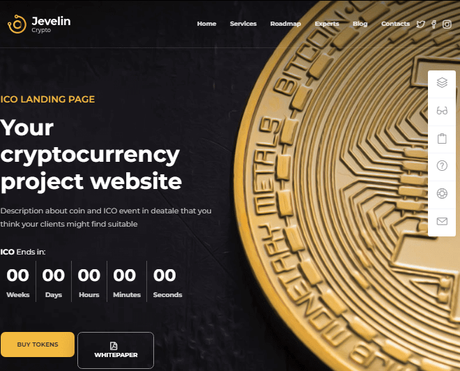 صفحة هبوط اكتتاب عملة جيفلين الرقمية (ICO) مع عملة بيتكوين ذهبية ومؤقت تنازلي
