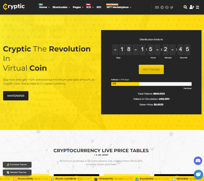 قالب ووردبريس للعملات المشفرة مع عداد تنازلي لبيع الرموز وجداول أسعار العملات المشفرة المباشرة
