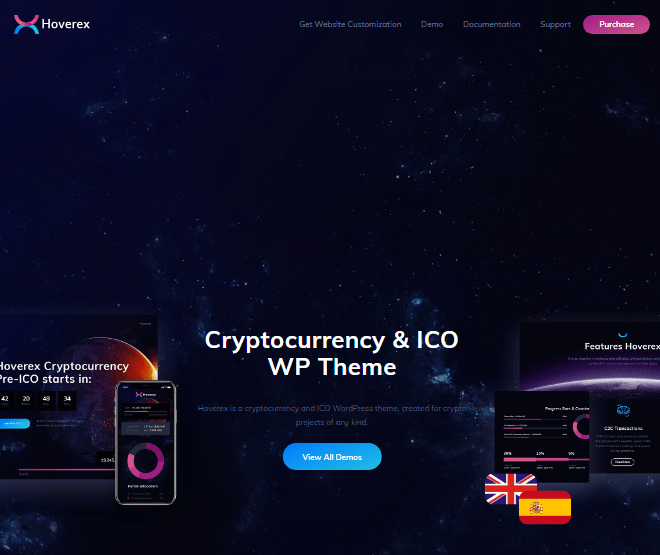 صفحة رئيسية لثيم ووردبريس Riverex للعملات المشفرة وعمليات الطرح الأولي للعملات (ICO) مع نماذج لتطبيقات الجوال