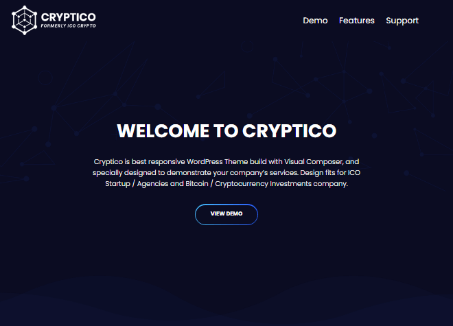 شاشة ترحيبية بتصميم قالب ووردبريس متجاوب من Cryptico للشركات الناشئة في مجال الاكتتابات الأولية للعملات الرقمية ووكالات العملات الرقمية
