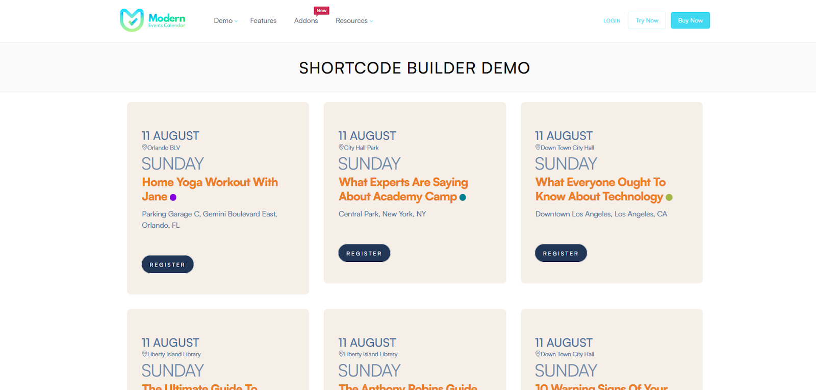 MEC Elementor Shortcode Builder демонстрация с карточками событий
