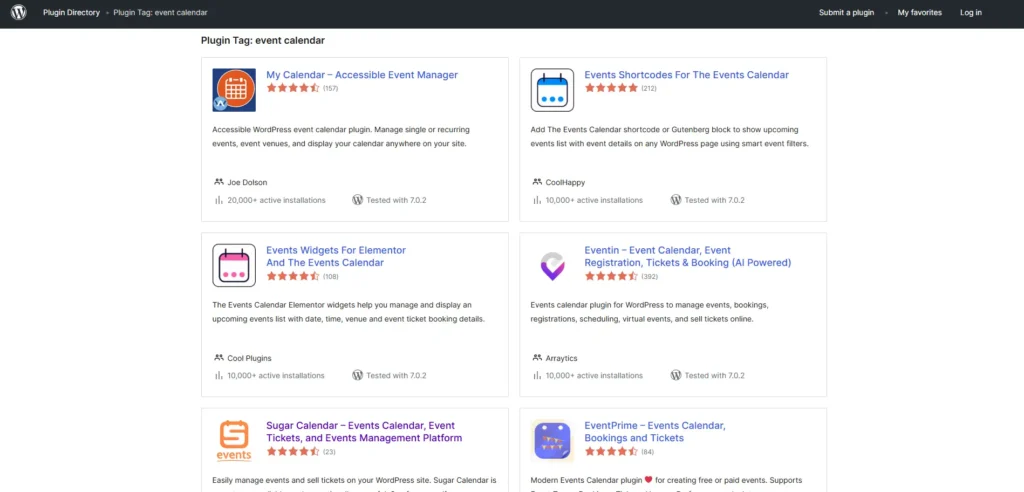 The WordPress.org landing page for event calendar plugins