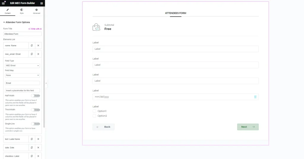 So erstellen Sie ein Veranstaltungsanmeldeformular in WordPress + 6 Vorlagen 6 Die MEC-Veranstaltungsregistrierungsfelder werden im Elementor-Editor formatiert.
