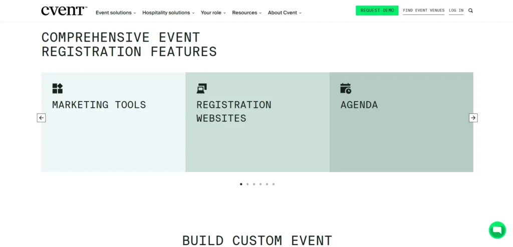 Cvent landing page highlighting its event features
