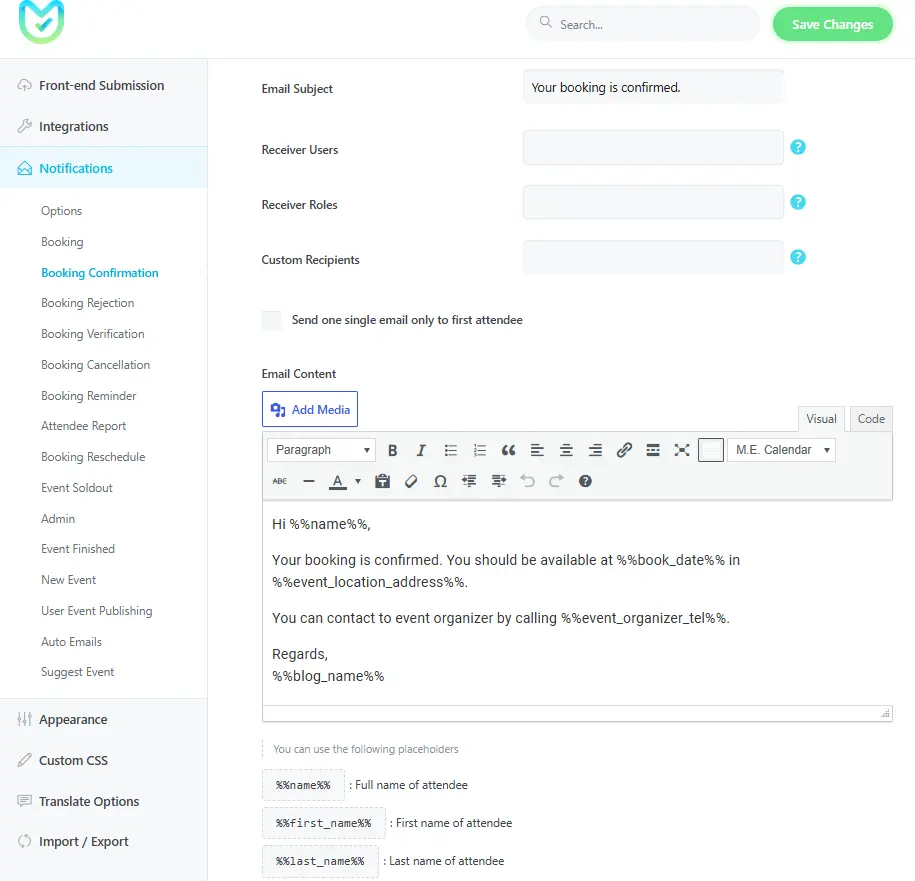 So erstellen Sie ein Veranstaltungsanmeldeformular in WordPress + 6 Vorlagen 5 MEC-Buchungsbenachrichtigungseditor mit benutzerdefinierten Feldplatzhaltern