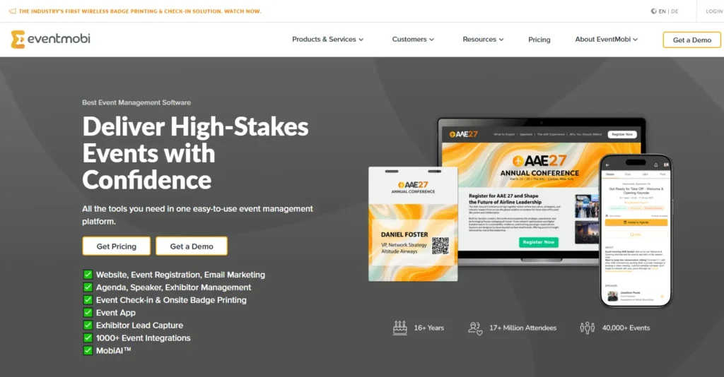 EventMobi landing page highlighting the features it offers