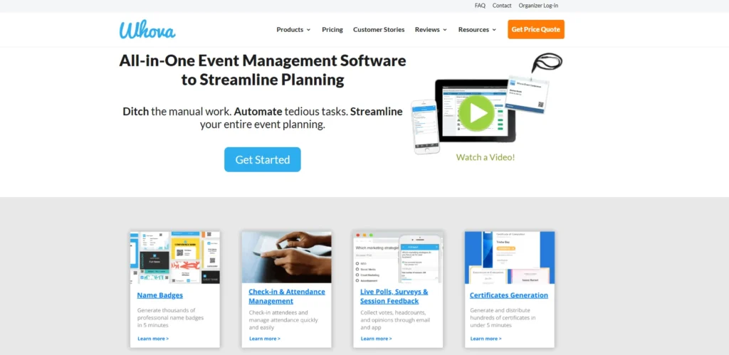 Features highlighted on the Whova landing page for streamlined event management
