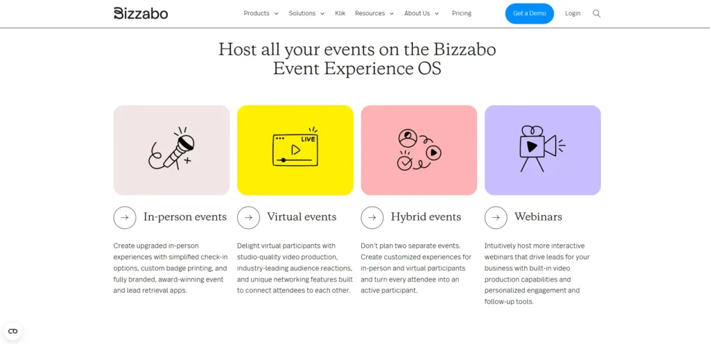 Bizzabo landing page showing the event features it offers