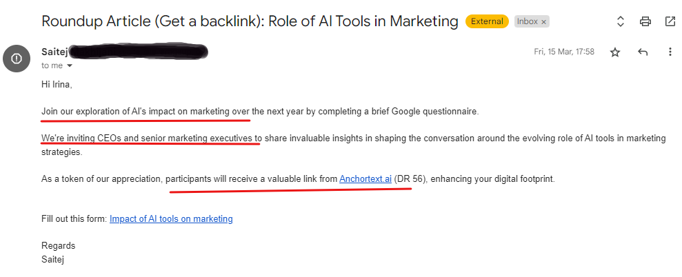 Link building email offering value in exchange for a backlink