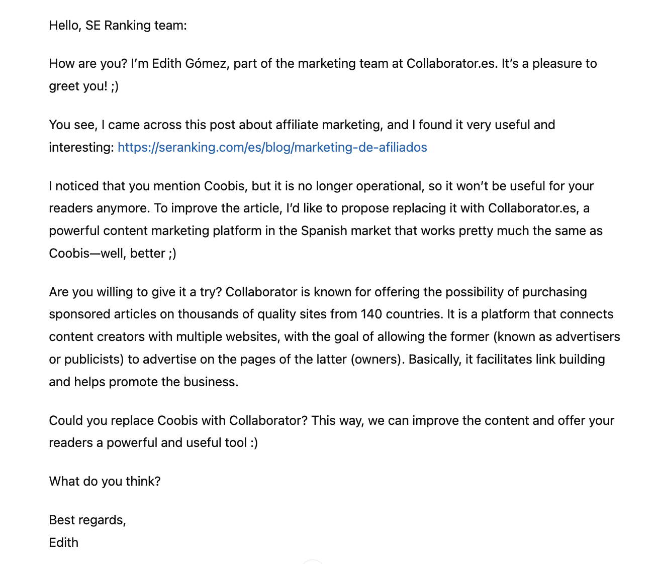 Broken link outreach cold email template example