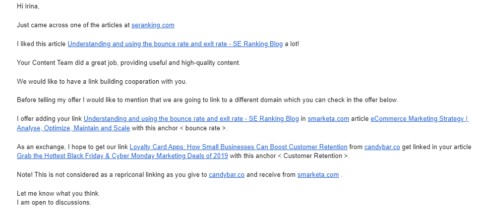 Link building cold email offering a content exchange