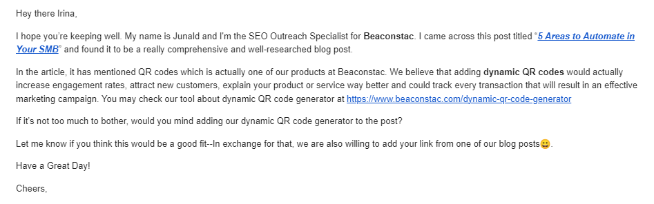 Resource page cold email template example
