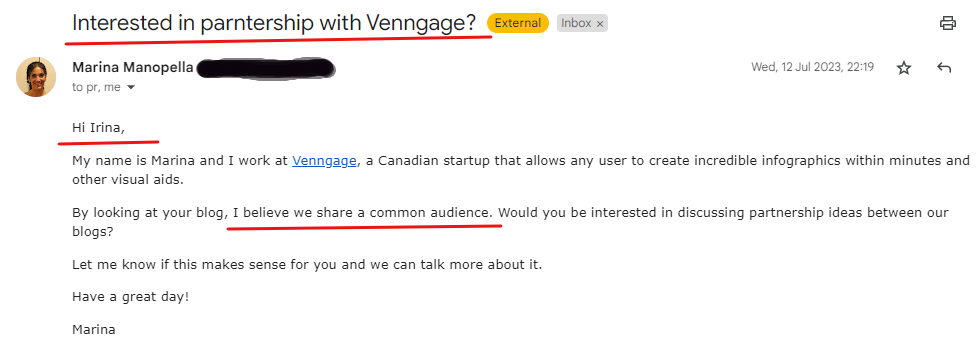 Personalized link building outreach email example