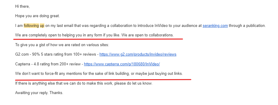 Link building follow-up email example