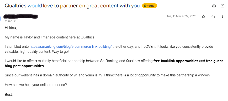 Guest post cold email template example