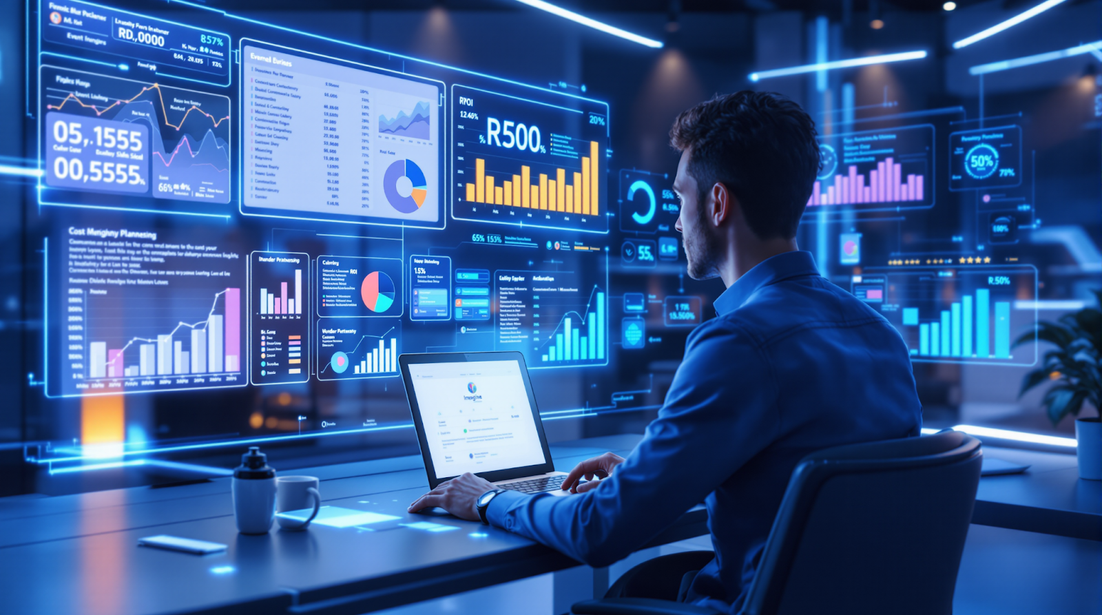 Event planner reviewing an event budget on screens