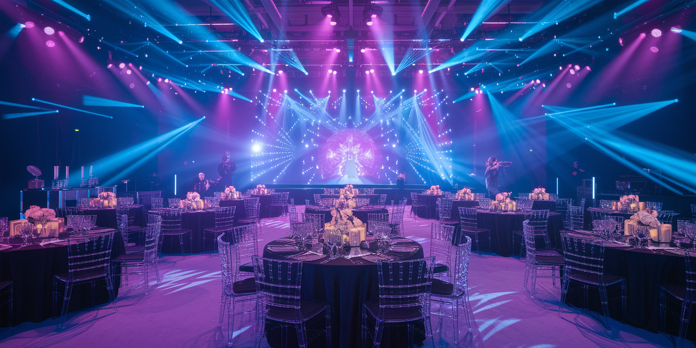 Banquet hall with purple stage lighting and decorated tables