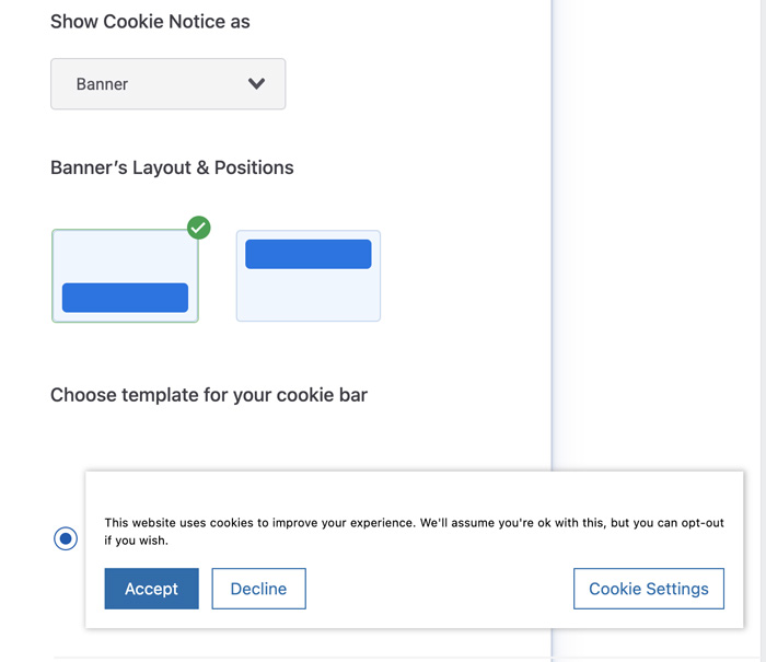 Выбор макета и шаблона баннера для файлов cookie в WPLP