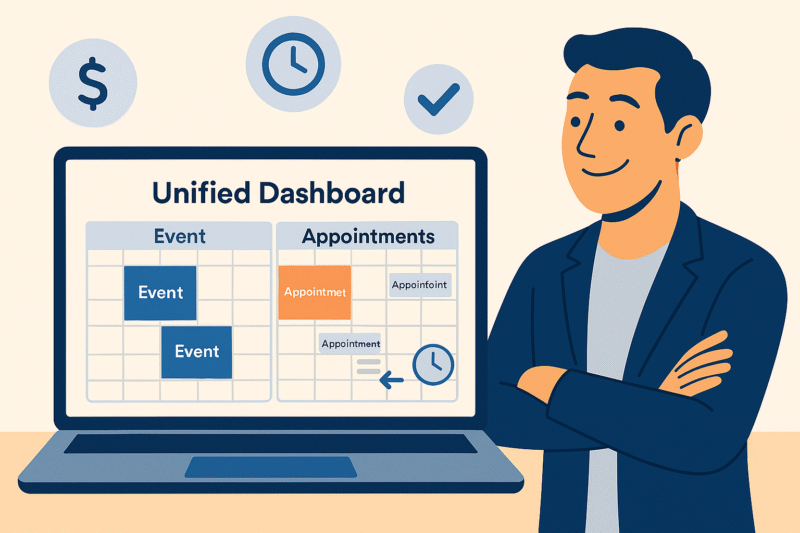 A unified dashboard in the Modern Events Calendar WordPress appointment plugin, showing events and appointments managed in one place.