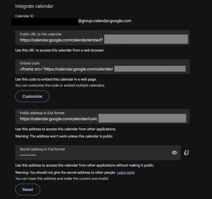 How to embed Google Calendar in WordPress (free + plugin methods) 1 Screenshot of a Google Calendar settings page in the Integrate calendar section