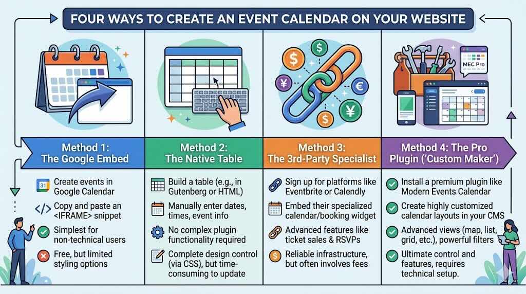 an infographic showing the four methods discussed in this blog with their benefits and shortcomings.