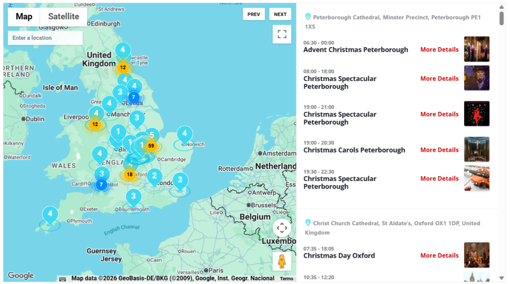 a map with events marked on it on the client’s website.