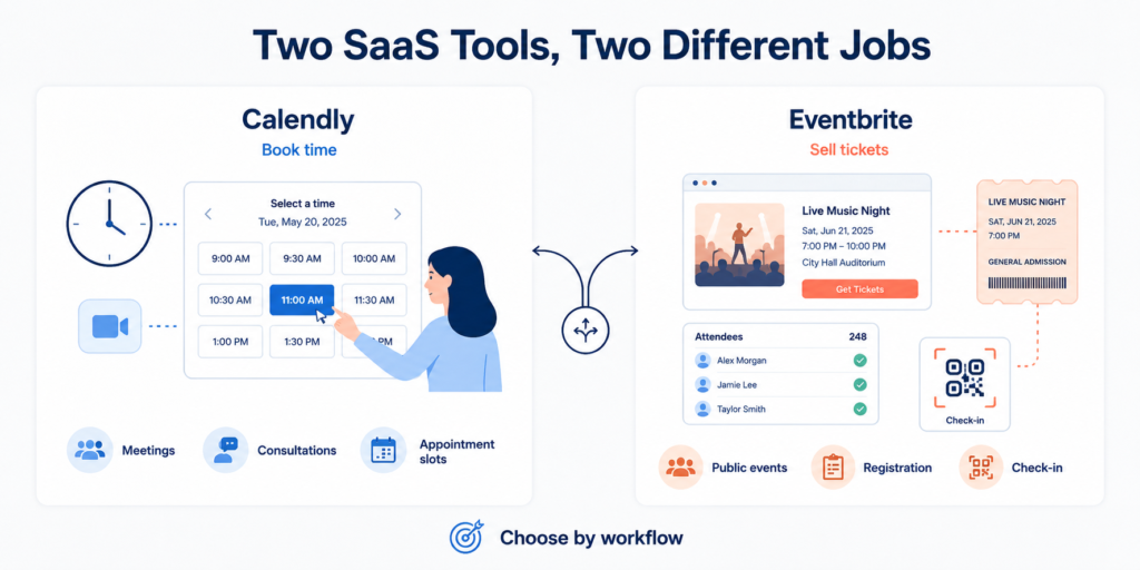 Calendly compared with Eventbrite, showing Calendly for appointments and consultations and Eventbrite for public event registration and ticketing.