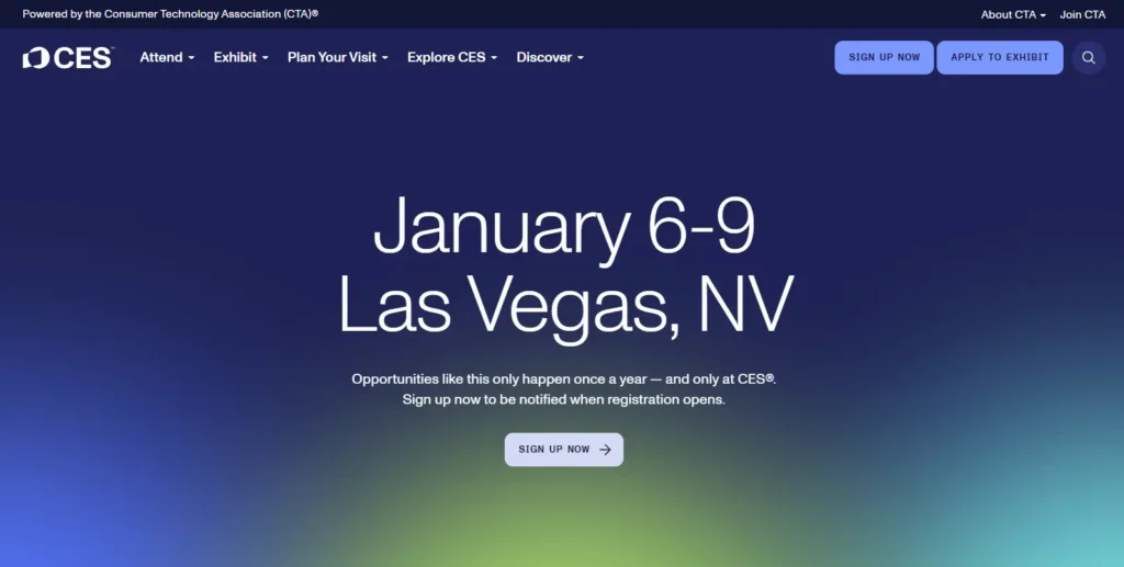CES homepage with navigation segmented by audience — attendee, exhibitor, and press.
