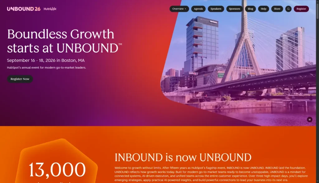 UNBOUND event homepage leading with an attendee-benefit headline, named speakers, and a register button.