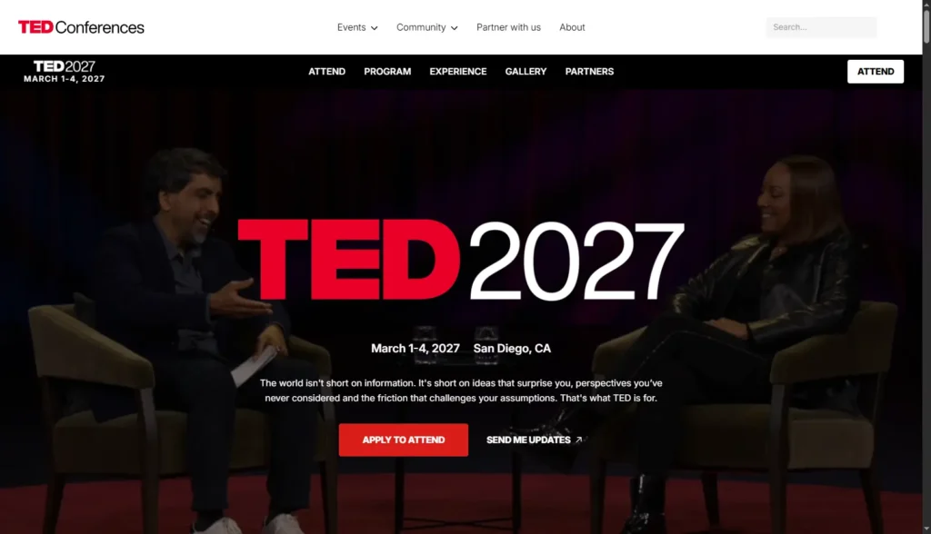 TED event page with an editorial layout using past talks as proof of value near the registration path.

