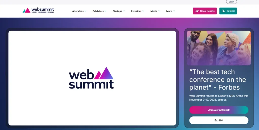 Web Summit event homepage showing the event dates, host city, and a prominent Get tickets button in the hero section.